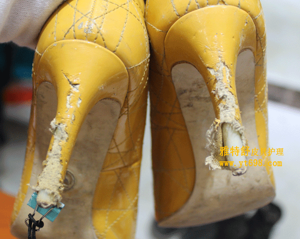黄色鞋跟补伤补色对比图补色补伤前