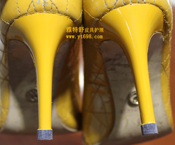 黄色鞋跟补伤补色对比图补色补伤后