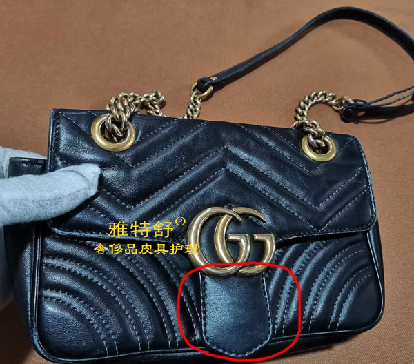 GUCCI黑色皮包盖舌头被狗咬断配皮接补 GUCCI黑色皮包盖舌头被狗咬断配皮接补